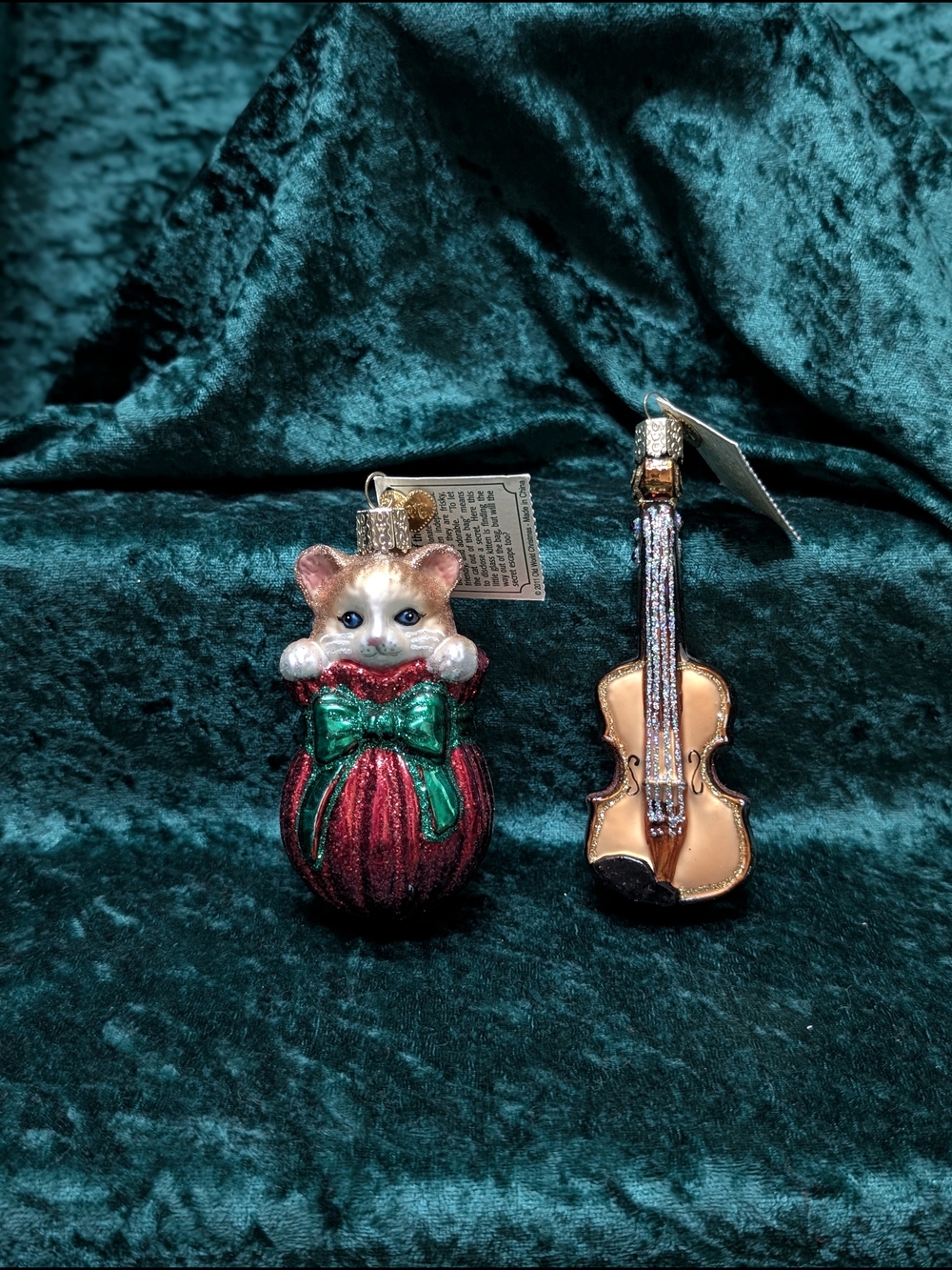 Old World Christmas OWC Letting The Cat Out And Violin Ornament Lot Of 2